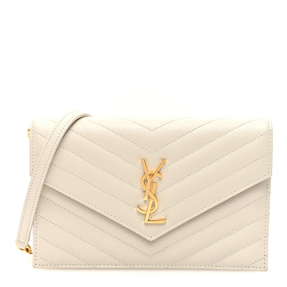 Saint Laurent Grain De Poudre Matelasse Chevron Monogram Envelope Chain Wallet Crema Soft 1 of 9
