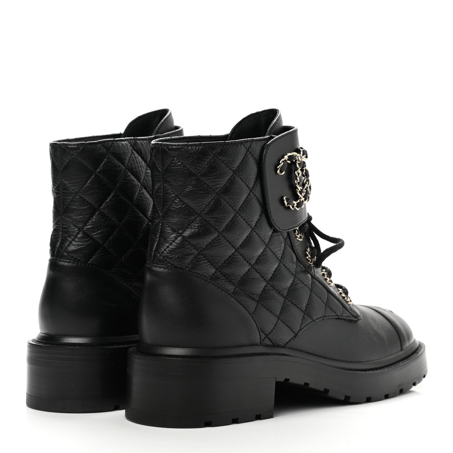 Chanel Shiny Lambskin Quilted Lace Up Combat Boots 38.5 Black 4 of 10