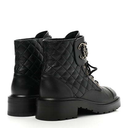 Chanel Shiny Lambskin Quilted Lace Up Combat Boots 38.5 Black 4 of 10