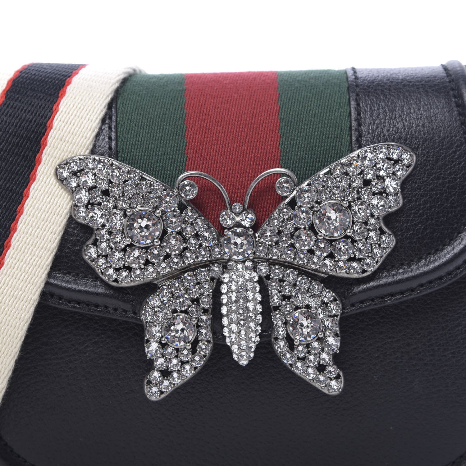 Gucci Calfskin Web Crystal Butterfly Stripe Small Totem Shoulder Bag Black 10 of 10