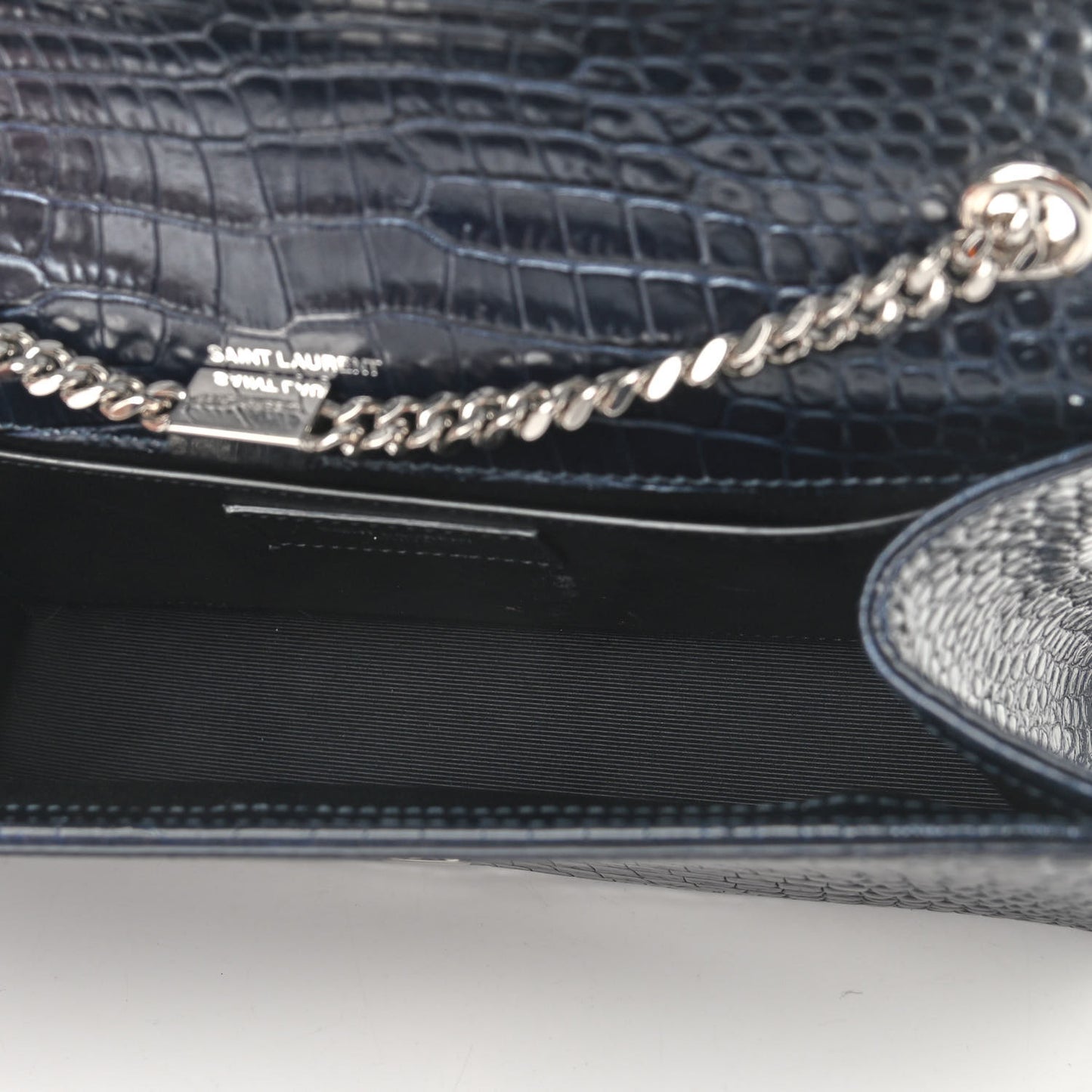 Calfskin Crocodile Embossed Medium Classic Monogram Kate Tassel Satchel Blue Sapphire