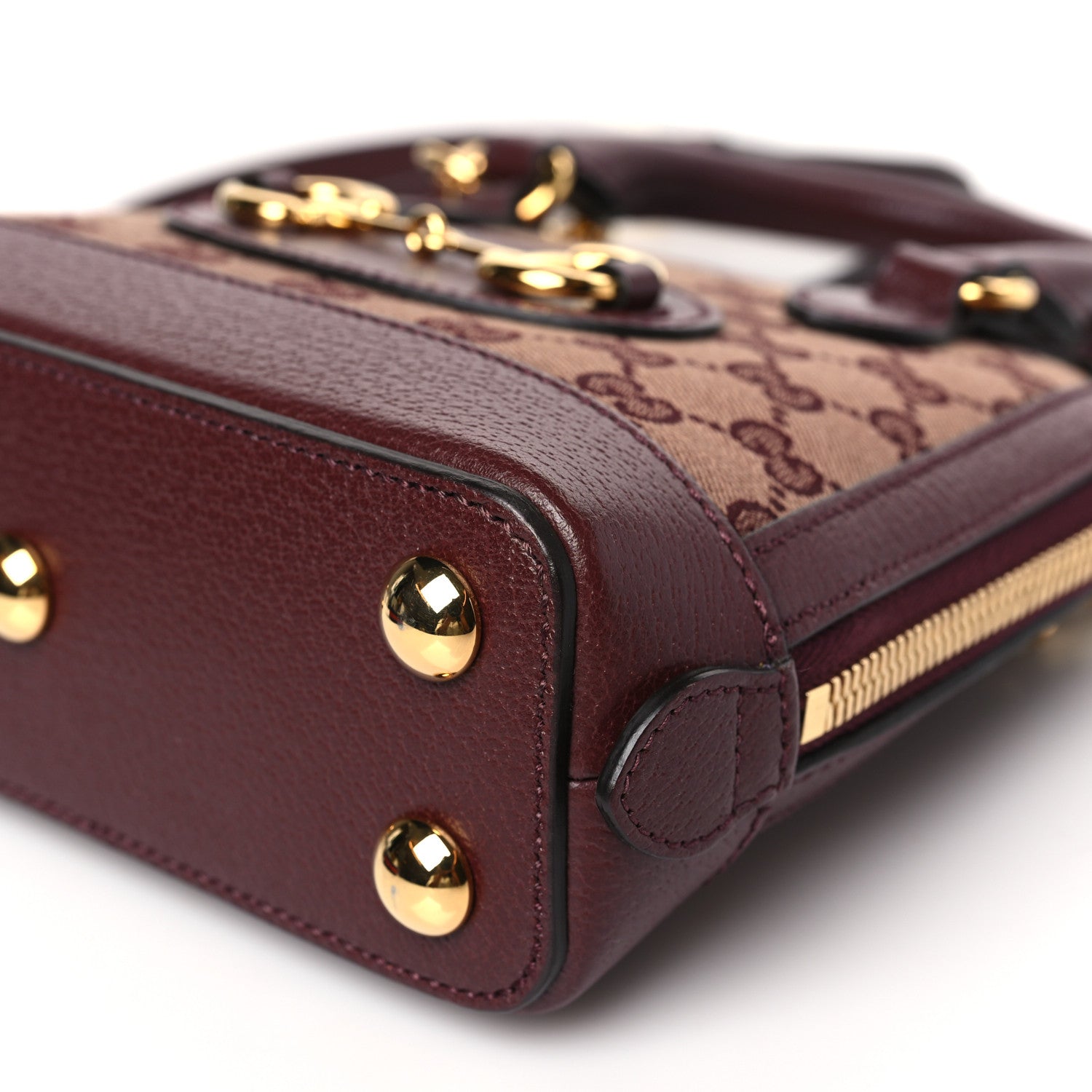 Gucci Monogram Textured Dollar Calfskin Mini Horsebit 1955 Top Handle Bag Sahara Rubino Chardonnay 9 of 9