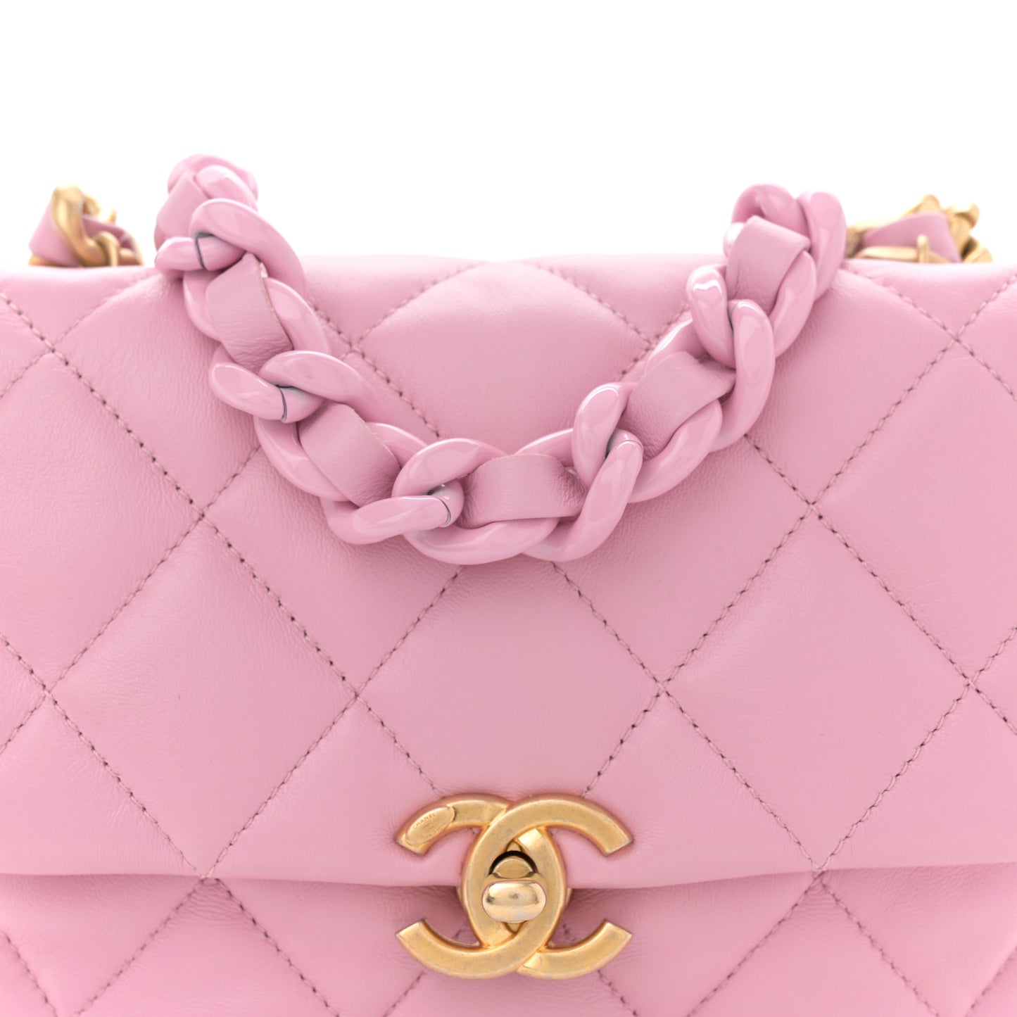 Lambskin Quilted Mini Lacquered Chain Flap Pink