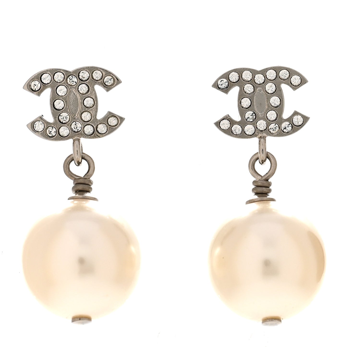 Crystal Pearl CC Drop Earrings Silver