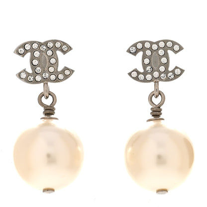 Chanel Crystal Pearl CC Drop Earrings Silver 1 of 5