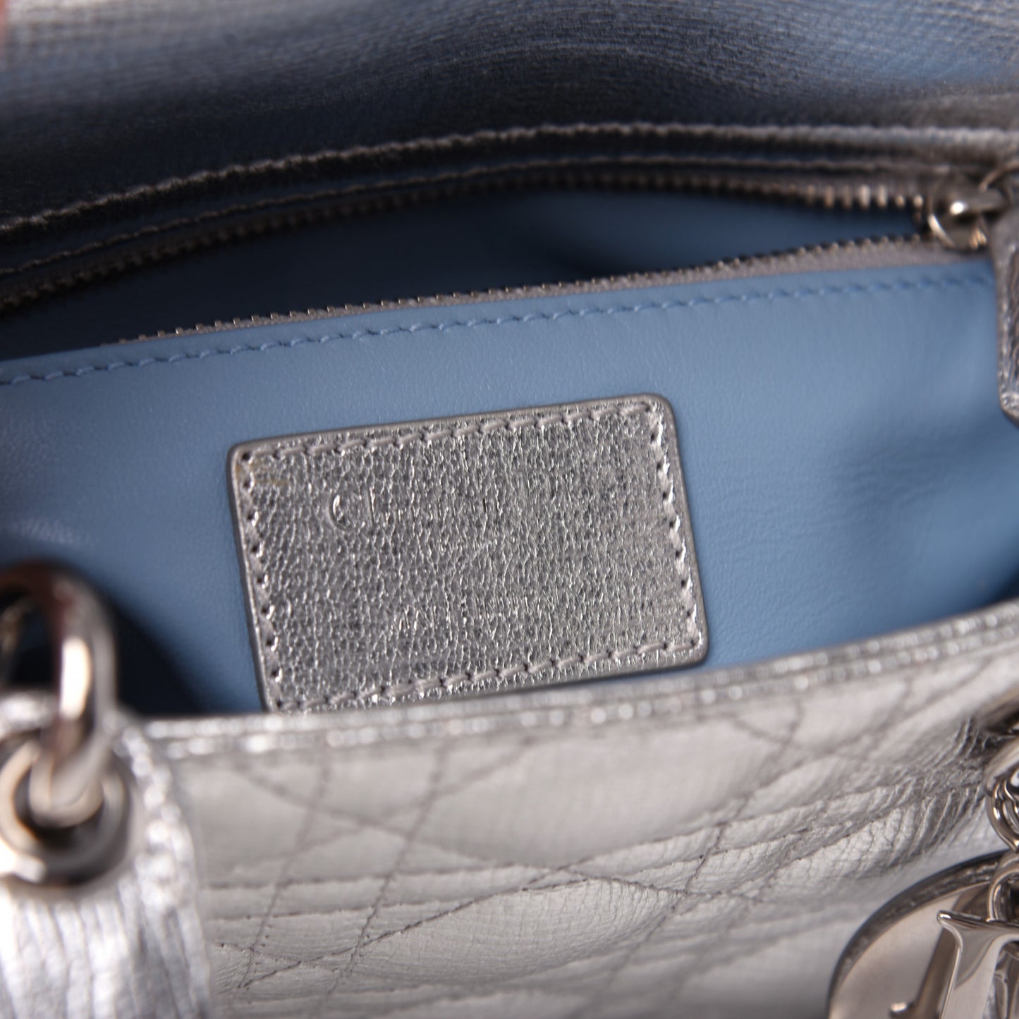 Metallic Grained Calfskin Cannage Small Lucky Badges My Lady Dior Silver