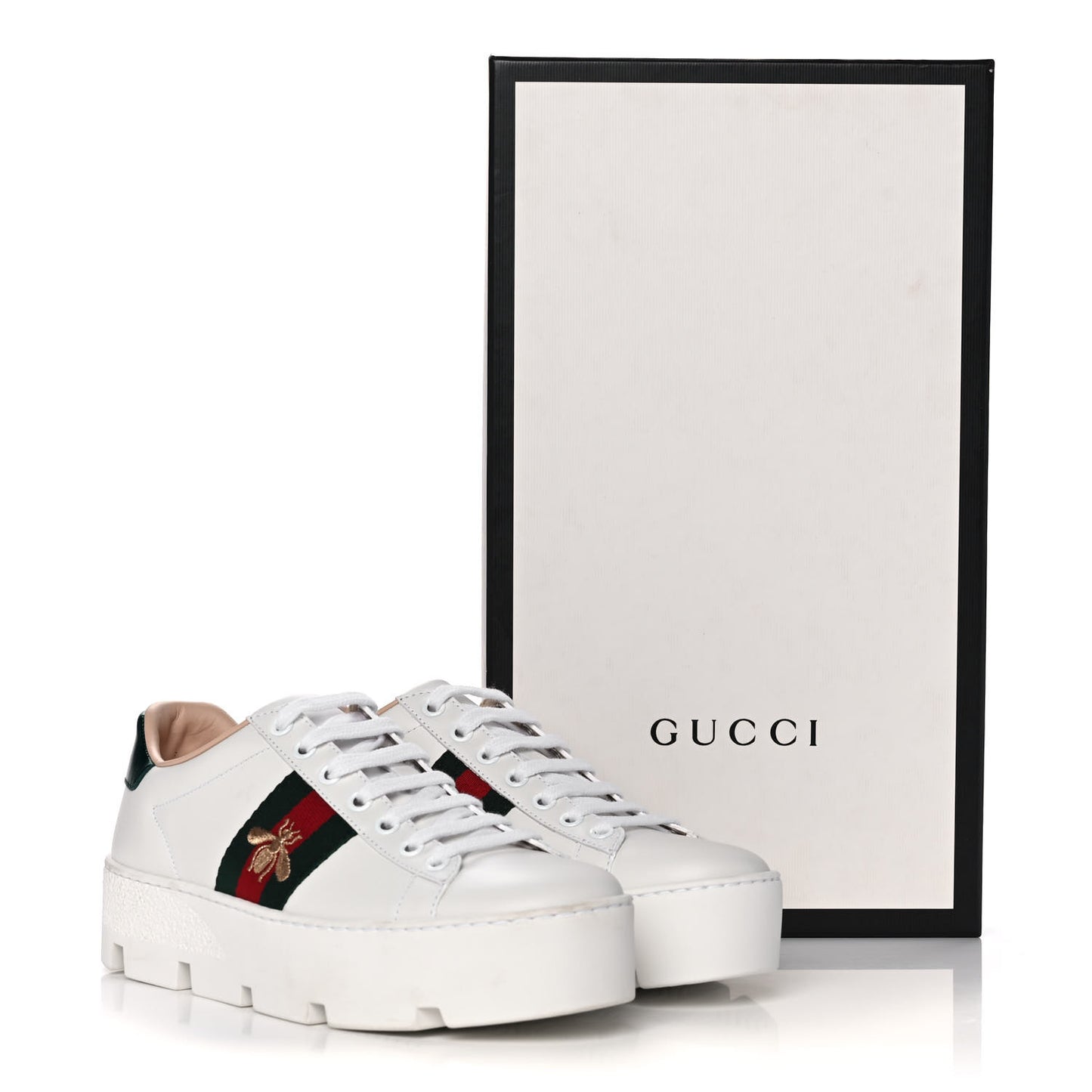Calfskin Web Bee Embroidered Womens Ace Platform Sneakers 36 White