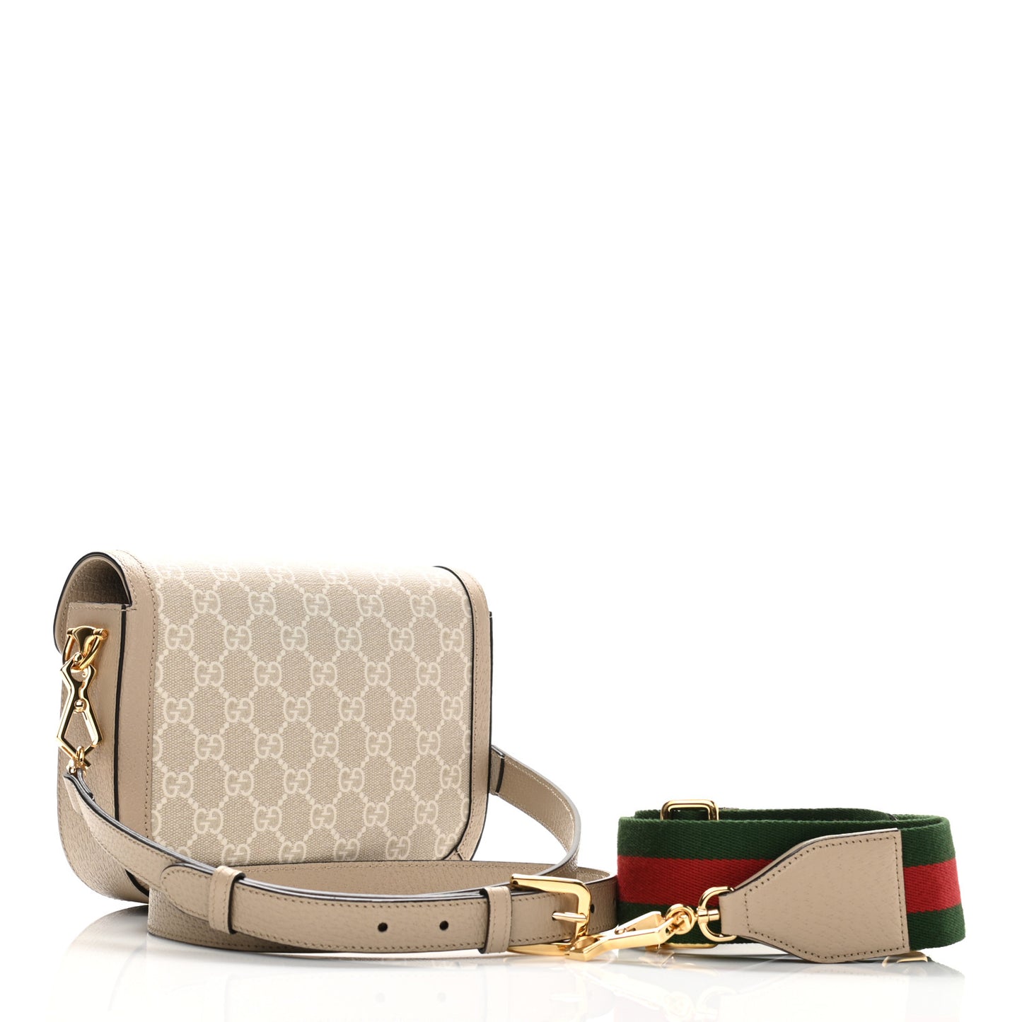 GG Supreme Monogram Textured Dollar Calfskin Web Mini Horsebit 1955 Shoulder Bag Beige Mystic White Oatmeal