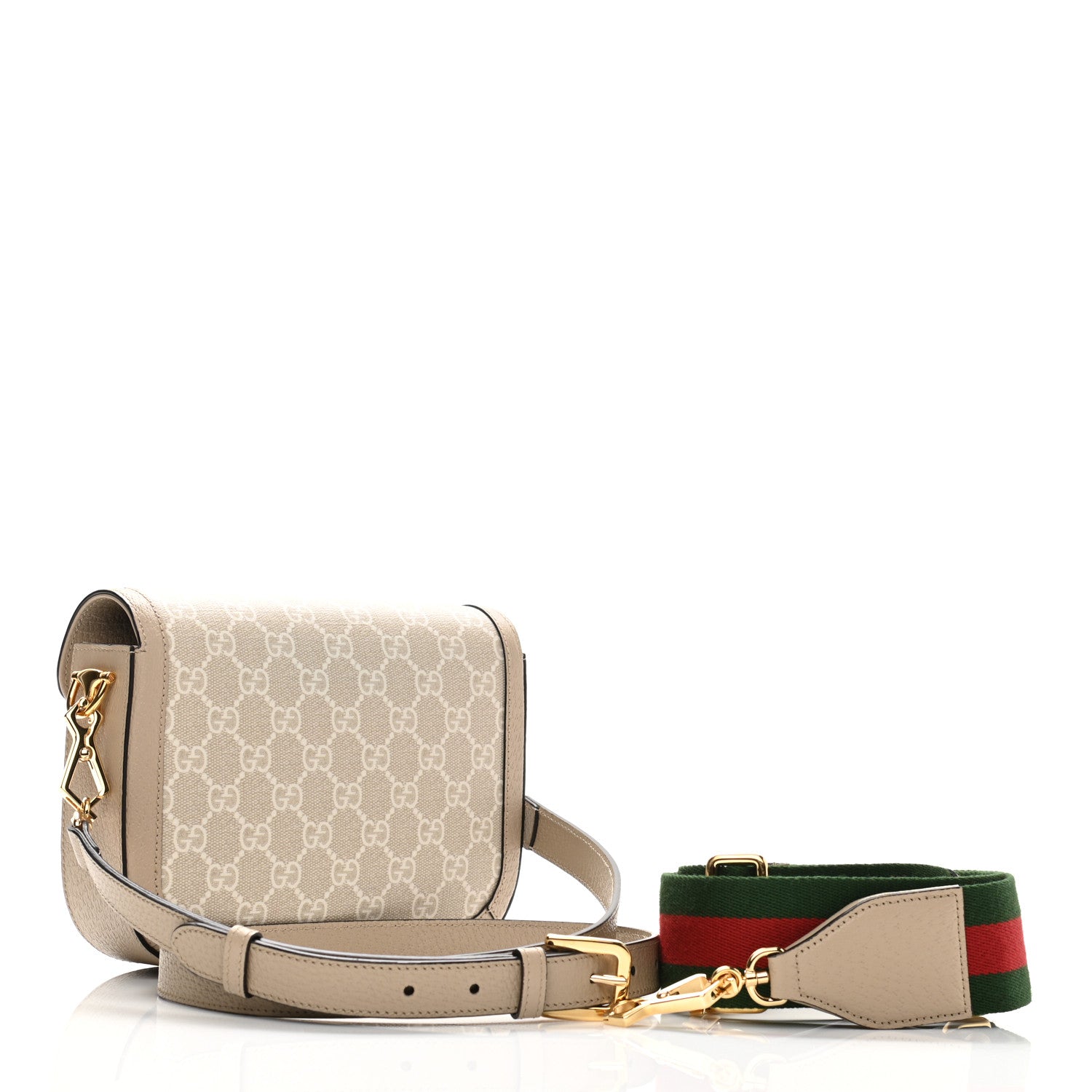 Gucci GG Supreme Monogram Textured Dollar Calfskin Web Mini Horsebit 1955 Shoulder Bag Beige Mystic White Oatmeal 3 of 11