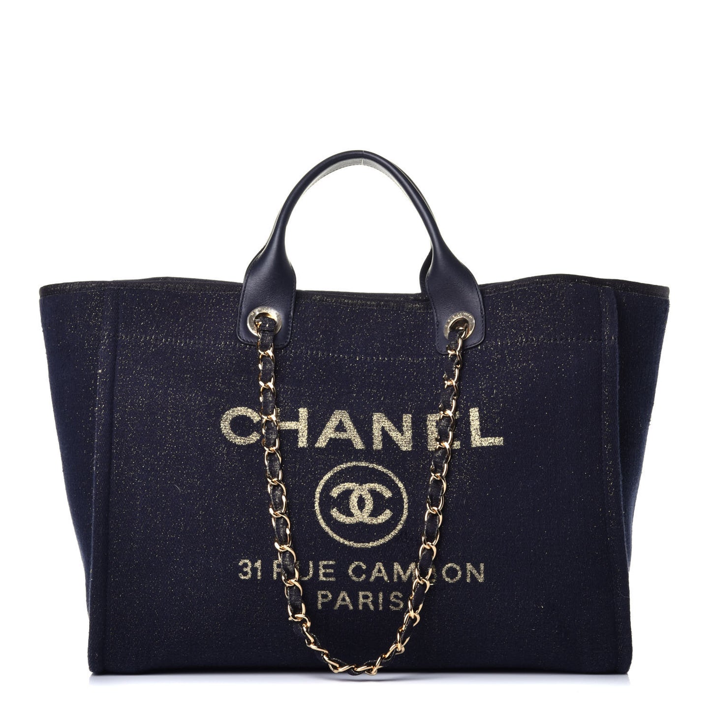 Lurex Canvas Medium Deauville Tote Navy Blue Gold