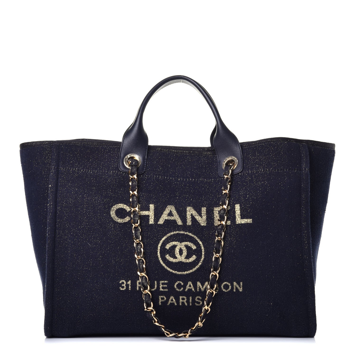Chanel Lurex Canvas Medium Deauville Tote Navy Blue Gold 1 of 10