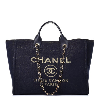 Chanel Lurex Canvas Medium Deauville Tote Navy Blue Gold 1 of 10