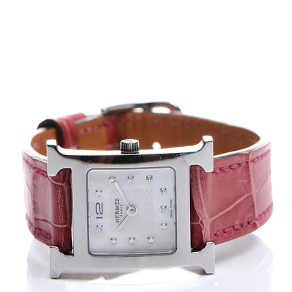 Hermes Stainless Steel Alligator Diamond Mother of Pearl 21mm Heure H Hour Quartz Watch Framboise 3 of 8