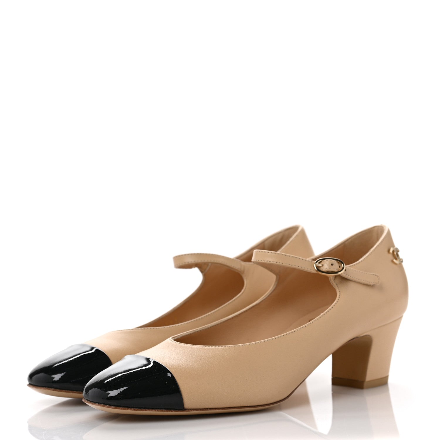 Chanel Patent Lambskin Cap Toe Mary Jane Mid Heel Strap Pumps 38 Beige Black 3 of 8