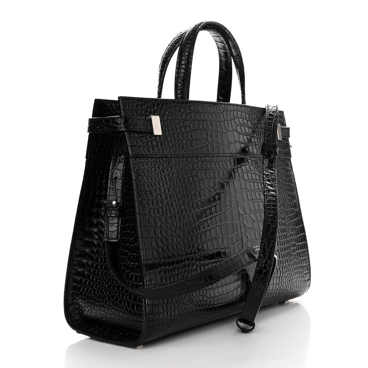 Shiny Calfskin Crocodile Embossed Small Manhattan Shopper Tote Black