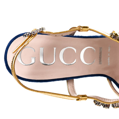 Gucci Velvet Nappa Crystal Zephyra Slingback Platform High Heel Sandals 37 Blue Gold 7 of 9