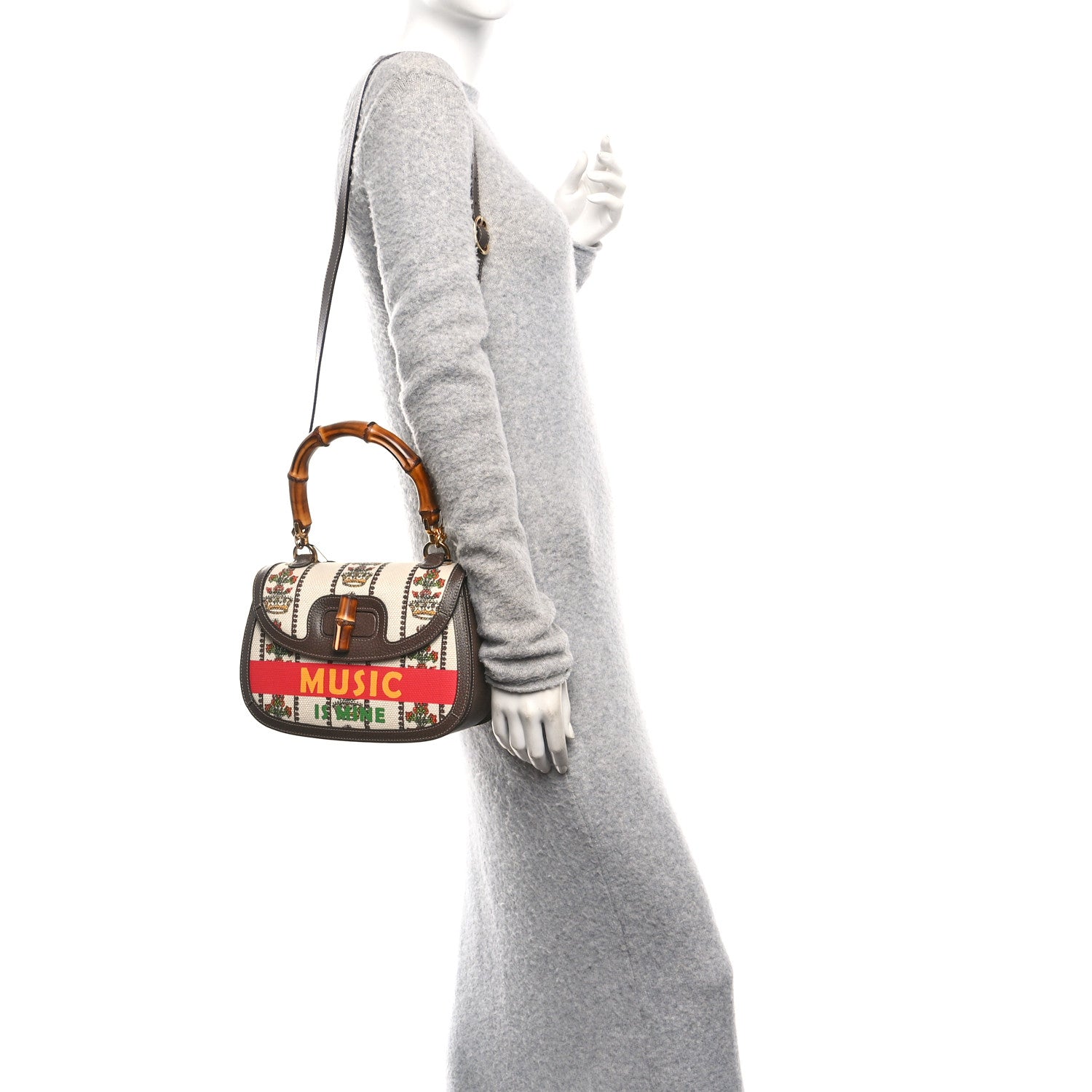 Gucci Canvas Calfskin 100 Centennial Music Medium Bamboo 1947 Top Handle Bag Multicolor 2 of 9