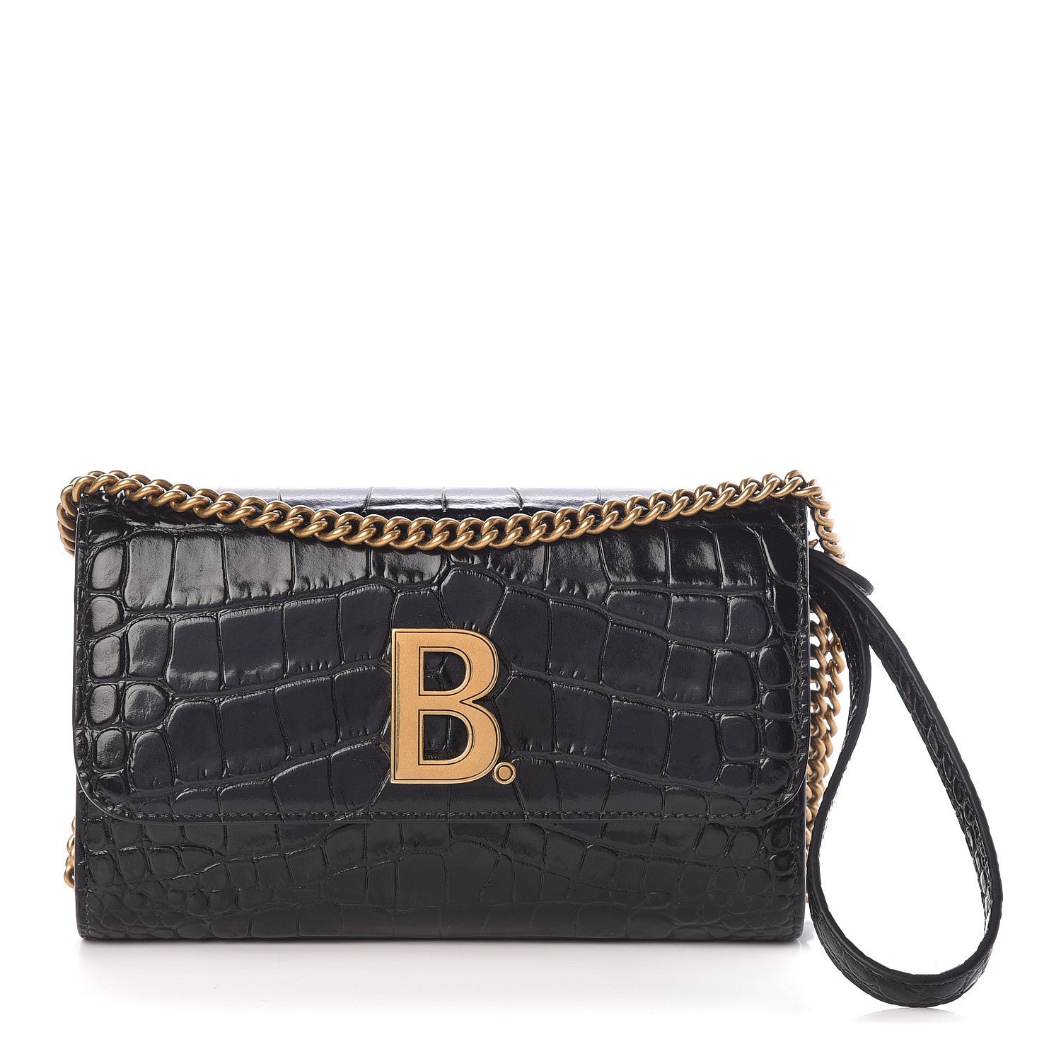Balenciaga Shiny Calfskin Crocodile Embossed B Continental Chain Bag Black 1 of 11
