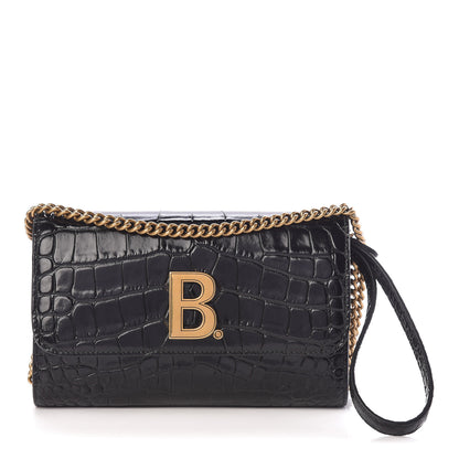 Balenciaga Shiny Calfskin Crocodile Embossed B Continental Chain Bag Black 1 of 11