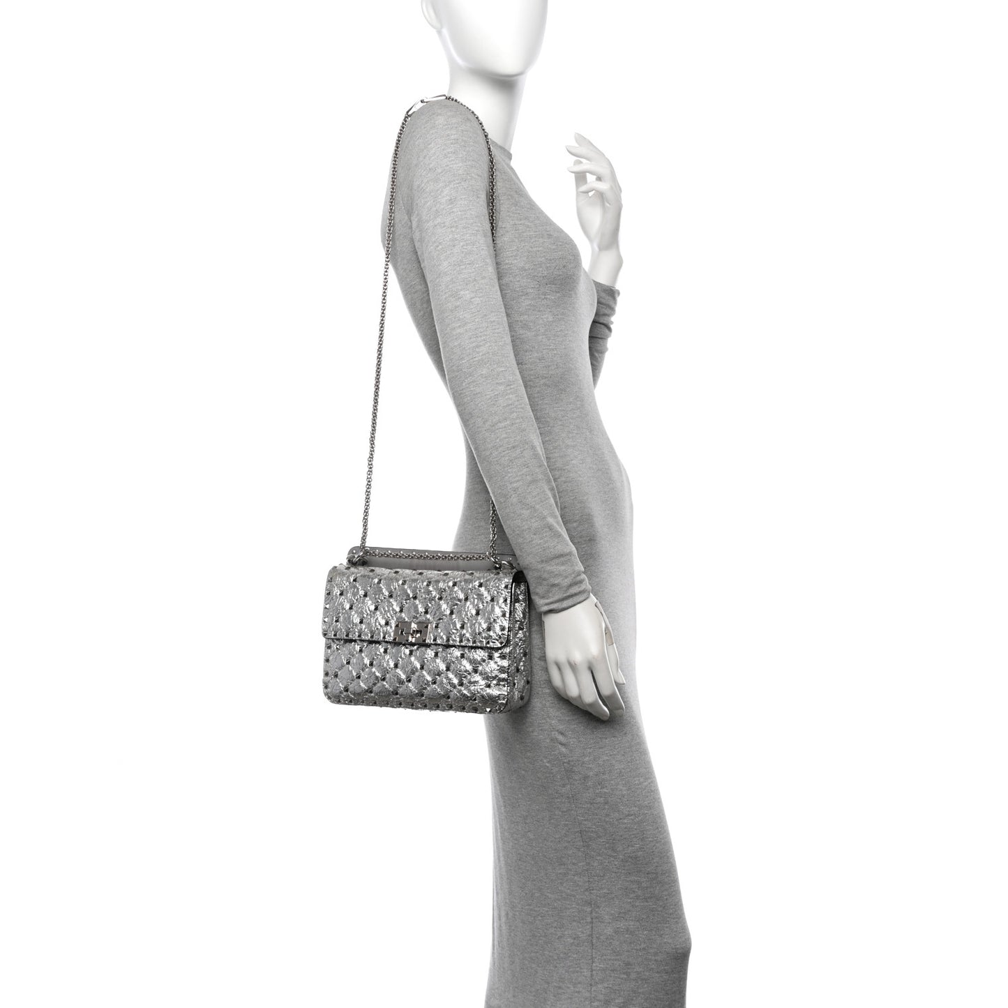 Metallic Craquele Nappa Medium Rockstud Spike Shoulder Bag Silver