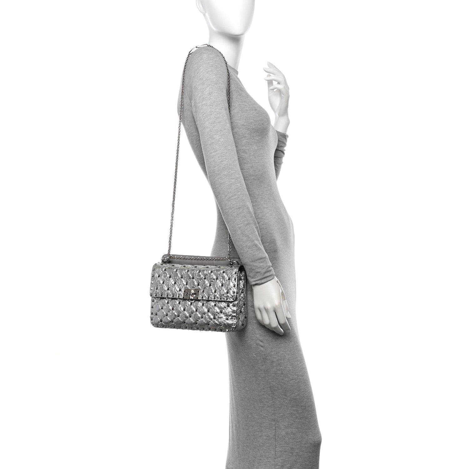 Valentino Garavani Metallic Craquele Nappa Medium Rockstud Spike Shoulder Bag Silver 2 of 13