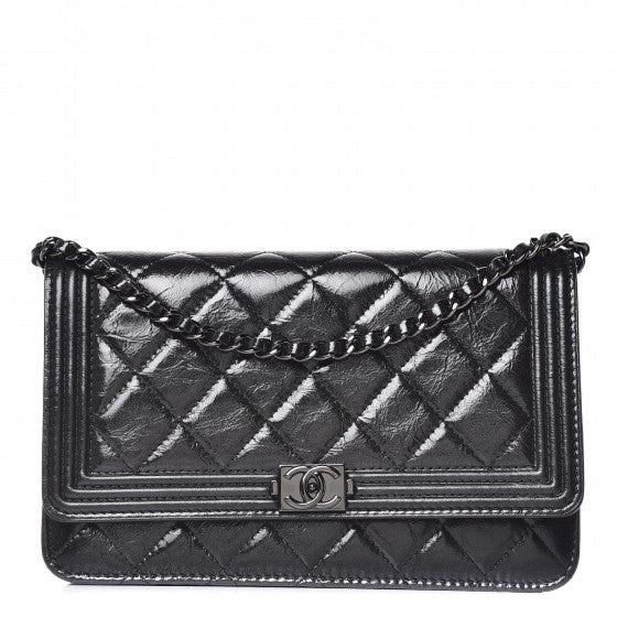 Shiny Aged Calfskin Quilted Boy Wallet On Chain WOC So Black