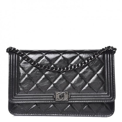 Chanel Shiny Aged Calfskin Quilted Boy Wallet On Chain WOC So Black 2 of 12