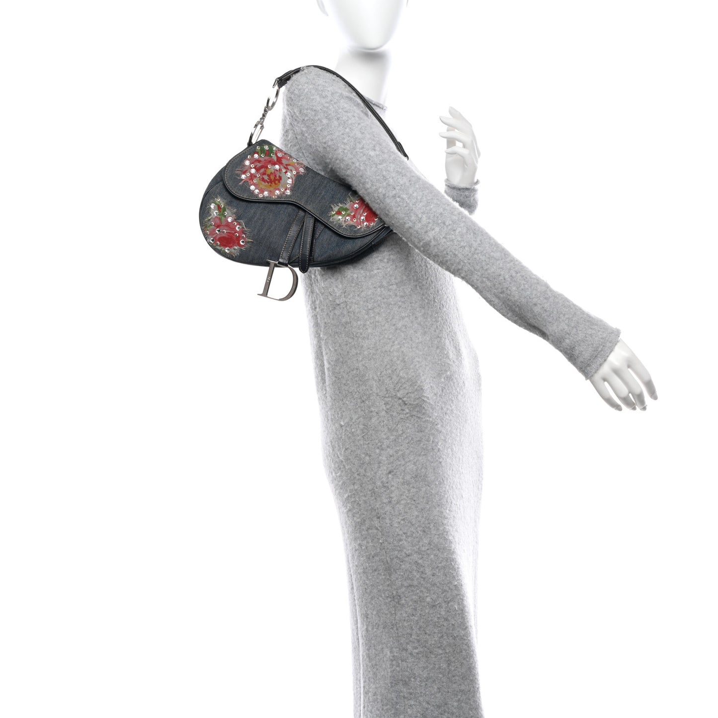 Denim Crystal Floral Embroidered Saddle Bag Multicolor