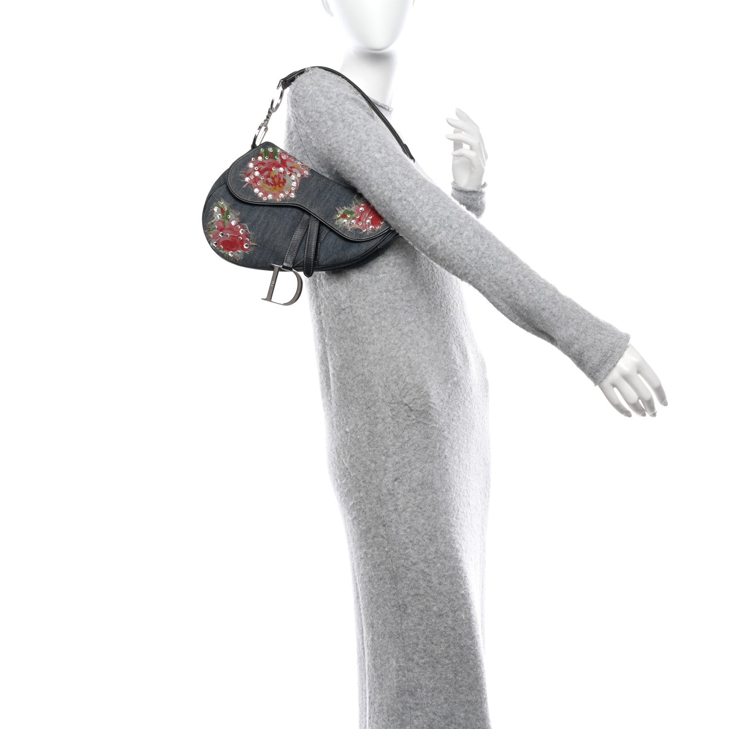 Christian Dior Denim Crystal Floral Embroidered Saddle Bag Multicolor 2 of 13