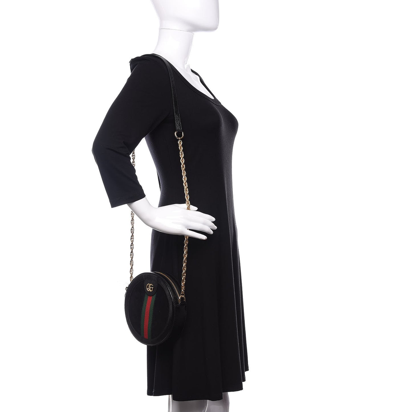 Suede Patent Web Mini Ophidia Round Shoulder Bag Black