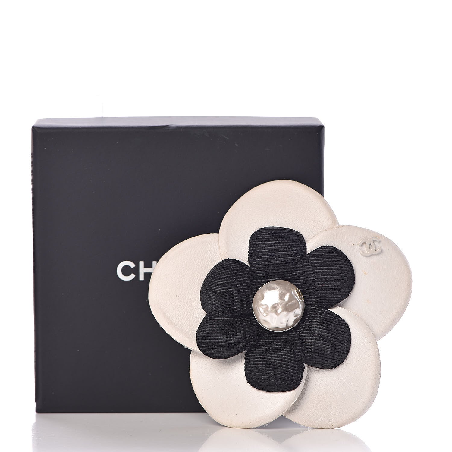 Chanel Lambskin Grosgrain Camellia Brooch Black White 5 of 5