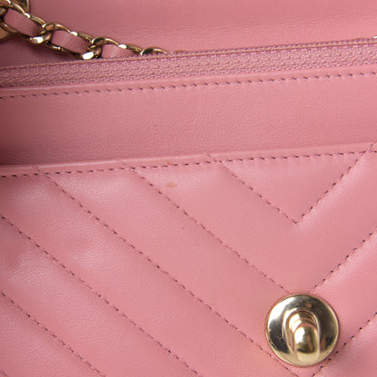 Chanel Lambskin Chevron Quilted Trendy CC Wallet On Chain WOC Pink 12 of 15