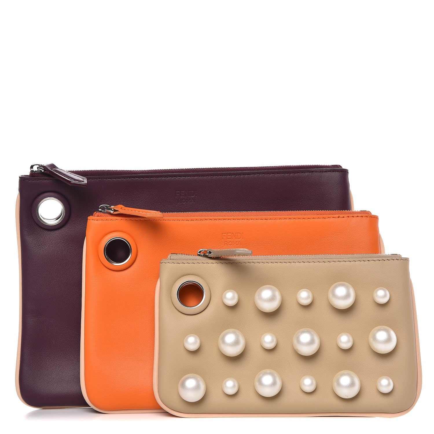 Fendi Calfskin Pearl F is Fendi Embellished Triplette Pouch Set Amido Papaya Amarone 3 of 10