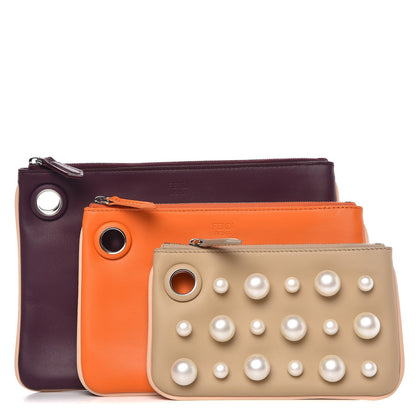 Fendi Calfskin Pearl F is Fendi Embellished Triplette Pouch Set Amido Papaya Amarone 3 of 10