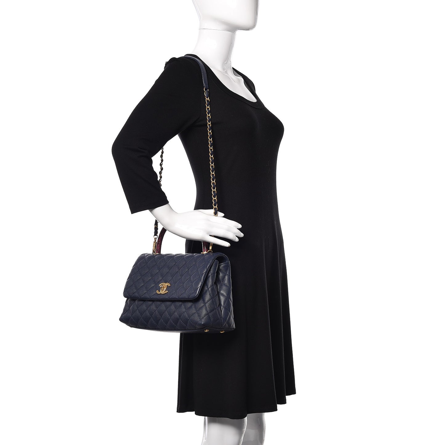 Caviar Elaphe Quilted Small Coco Handle Flap Navy