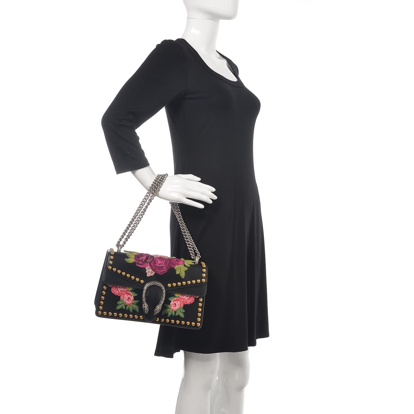 Calfskin Floral Embroidered Studded Small Dionysus Shoulder Bag Black