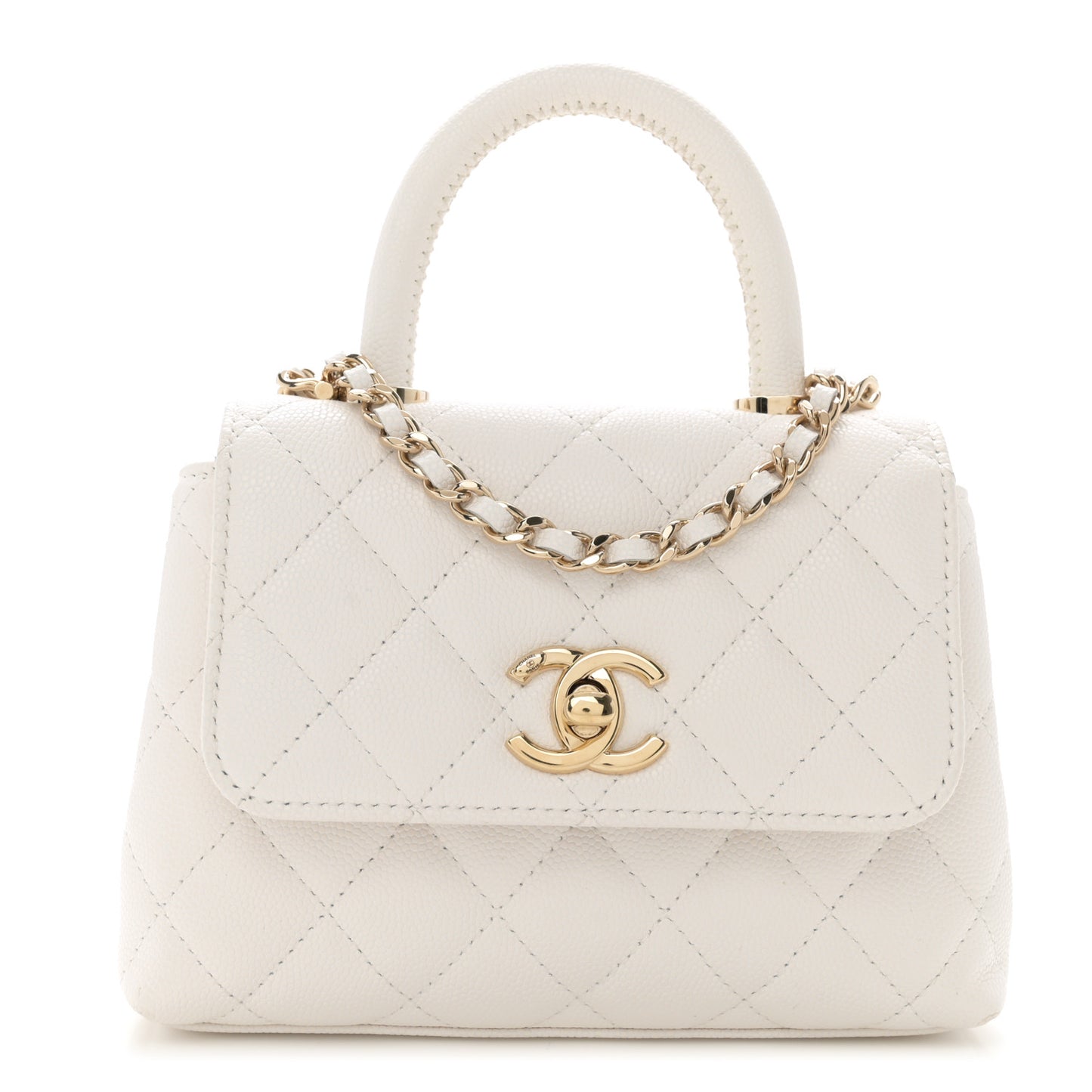 Caviar Quilted Coco Handle Clutch With Chain White