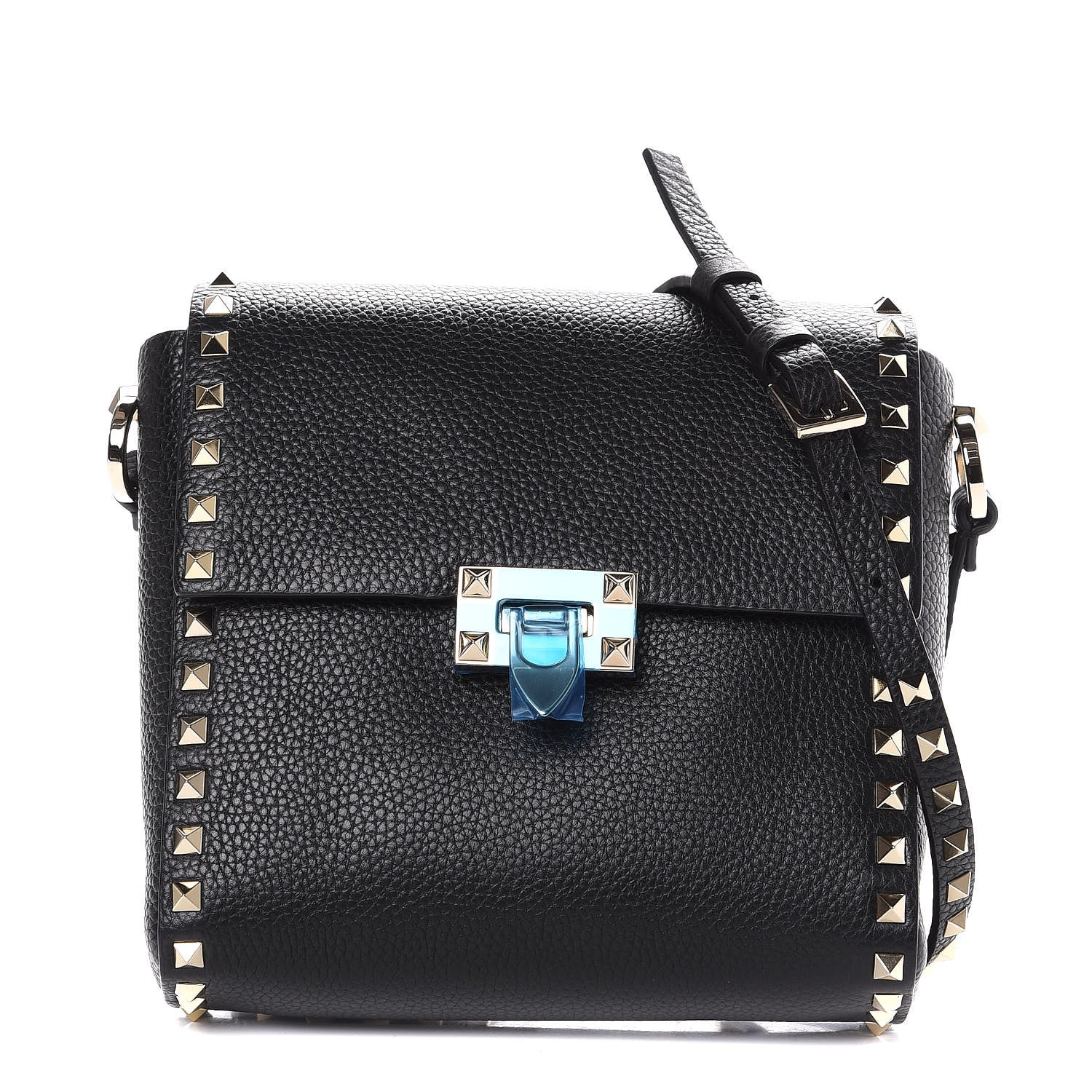 Valentino Garavani Pebbled Calfskin Rockstud Flip Lock Flap Messenger Black 1 of 9