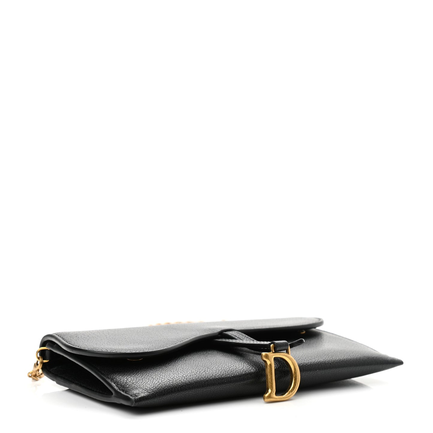 Grained Calfskin Saddle Chain Wallet Pouch Black