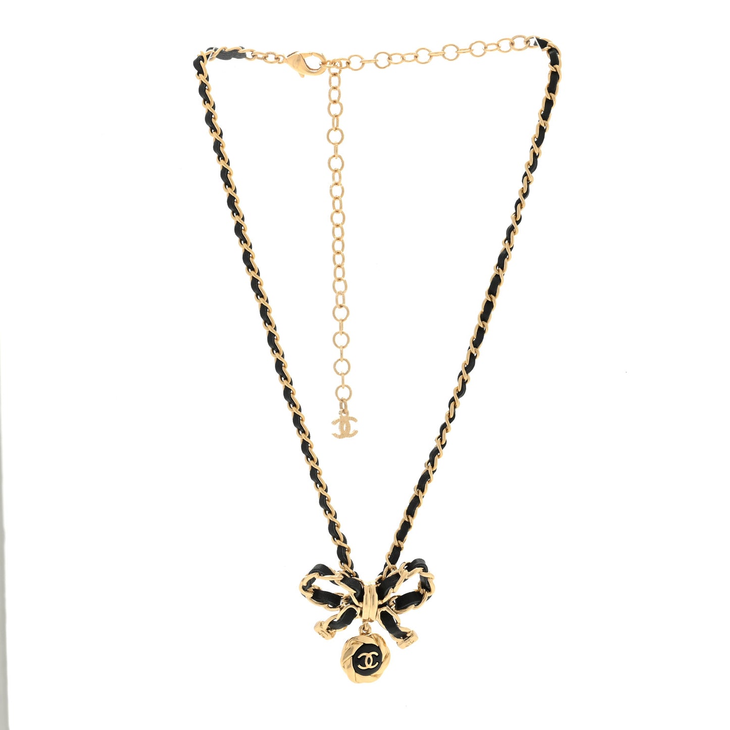 Metal Lambskin Chain CC Bow Necklace Black Gold