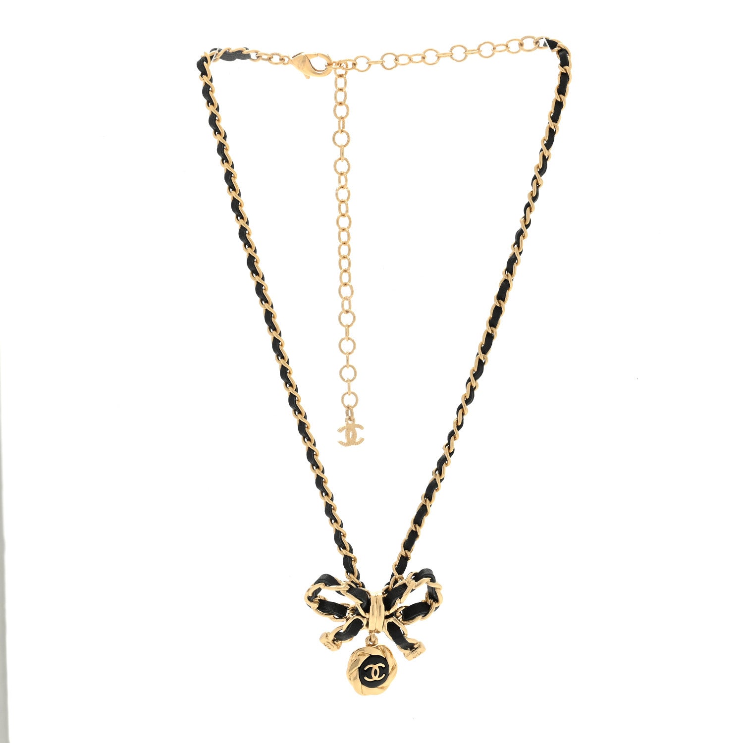 Chanel Metal Lambskin Chain CC Bow Necklace Black Gold 2 of 3