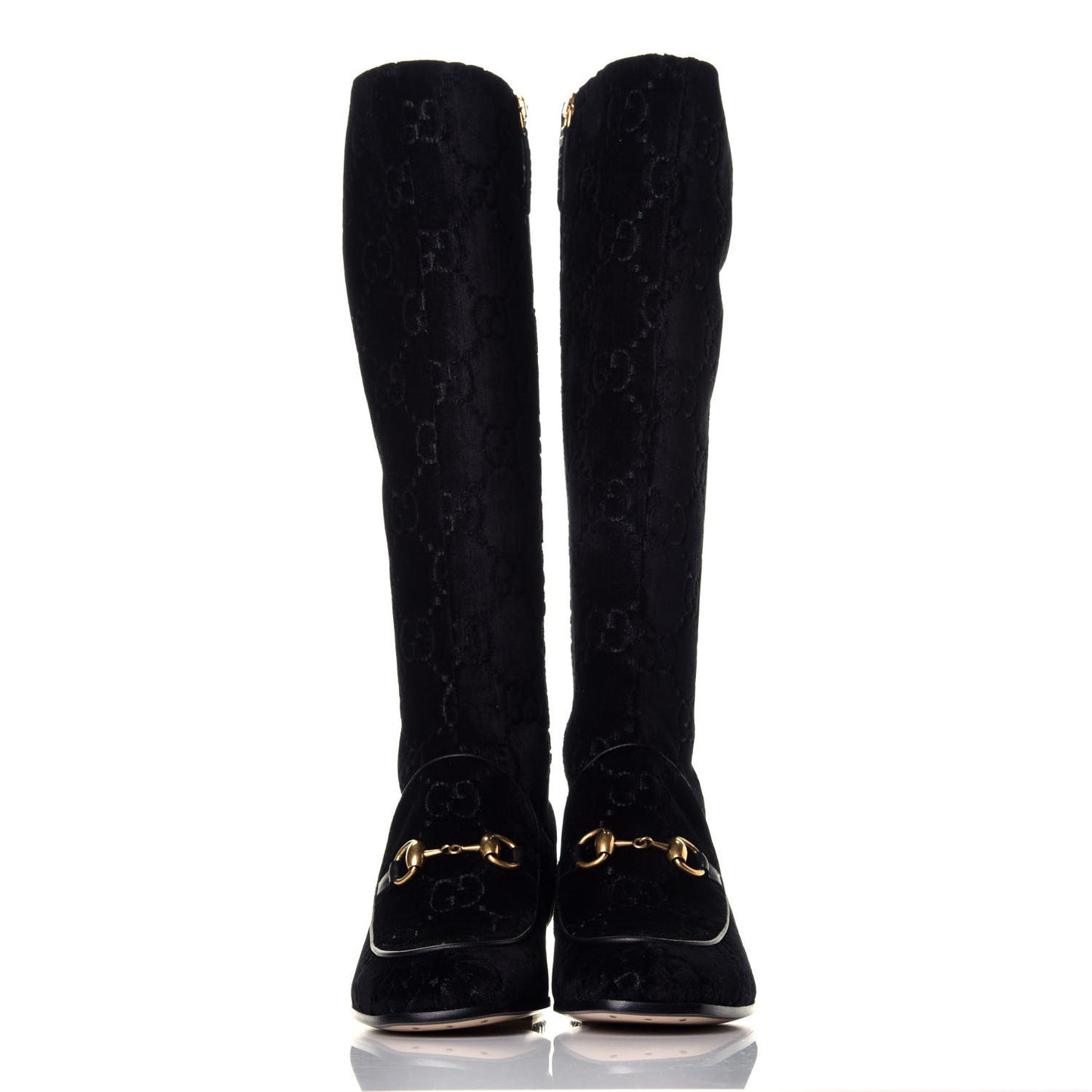 Velvet GG Monogram Crystal Horsebit Knee High Boots 35 Black
