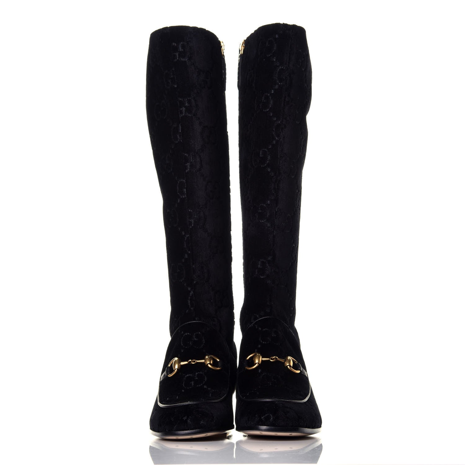 Gucci Velvet GG Monogram Crystal Horsebit Knee High Boots 35 Black 2 of 8