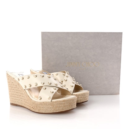 Jimmy Choo Nappa Pearl Studded Dovina 100 Espadrille Wedge Sandals 38 Latte 9 of 9