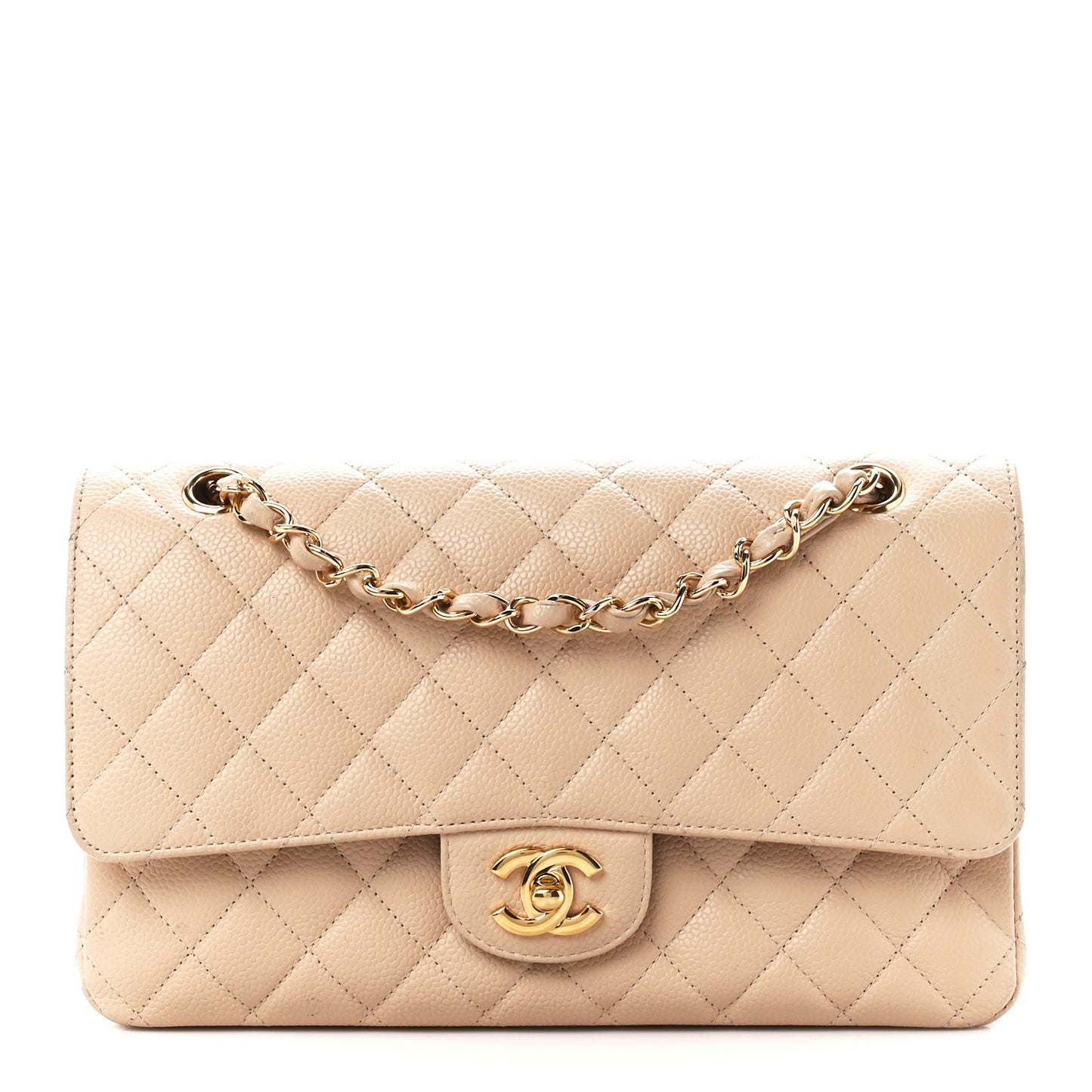 Caviar Quilted Medium Double Flap Beige