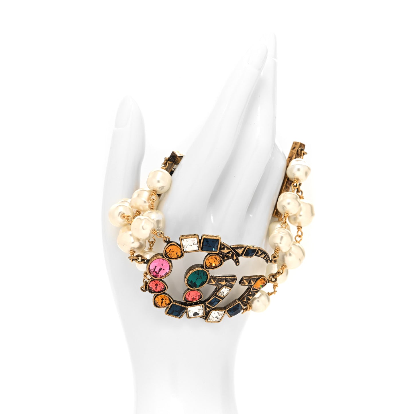 Metal Crystal Pearl Double G Bracelet Aged Gold Multicolor