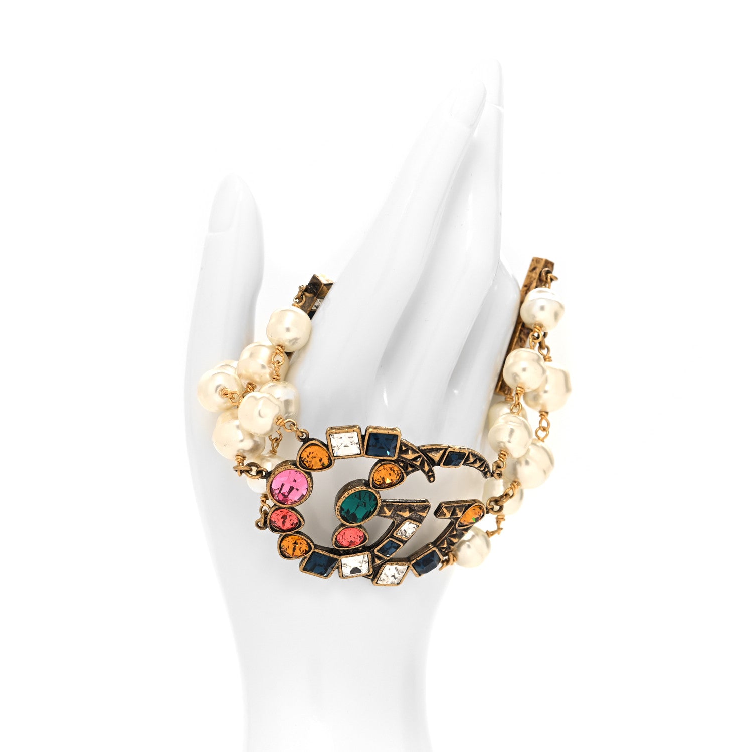 Gucci Metal Crystal Pearl Double G Bracelet Aged Gold Multicolor 2 of 5