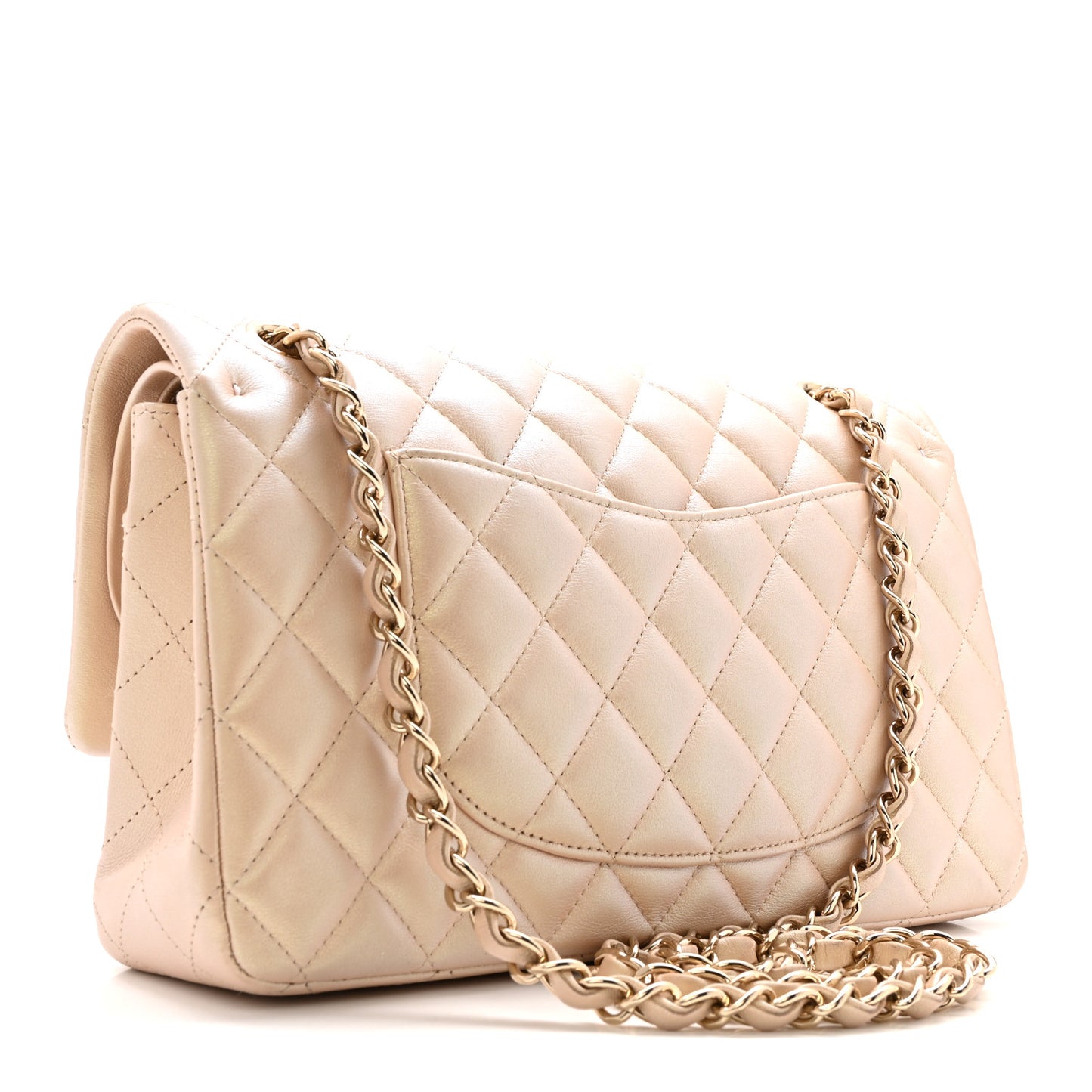 Iridescent Lambskin Quilted Medium Double Flap Beige