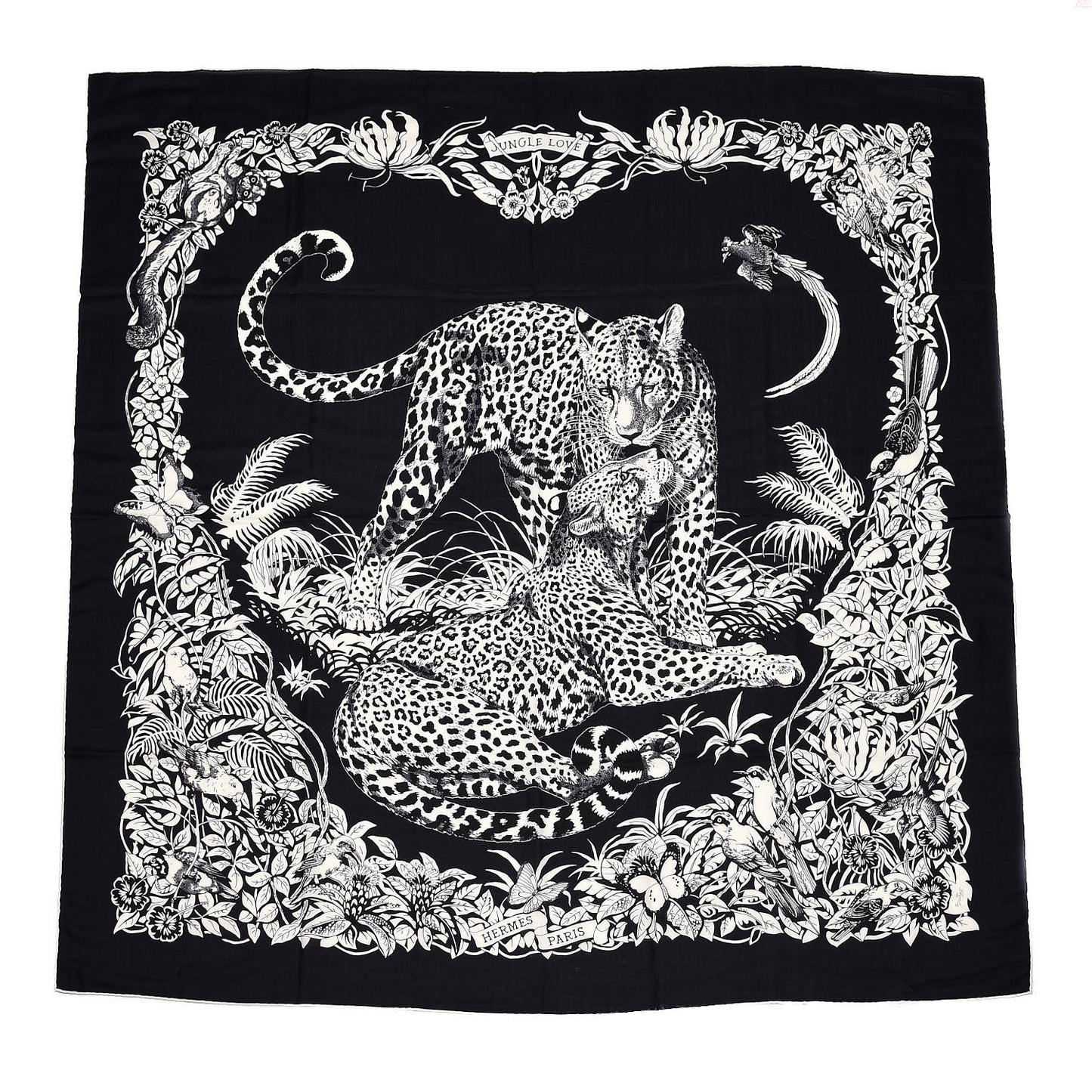Cashmere Silk Jungle Love Tattoo Shawl 140 Bleu Black White