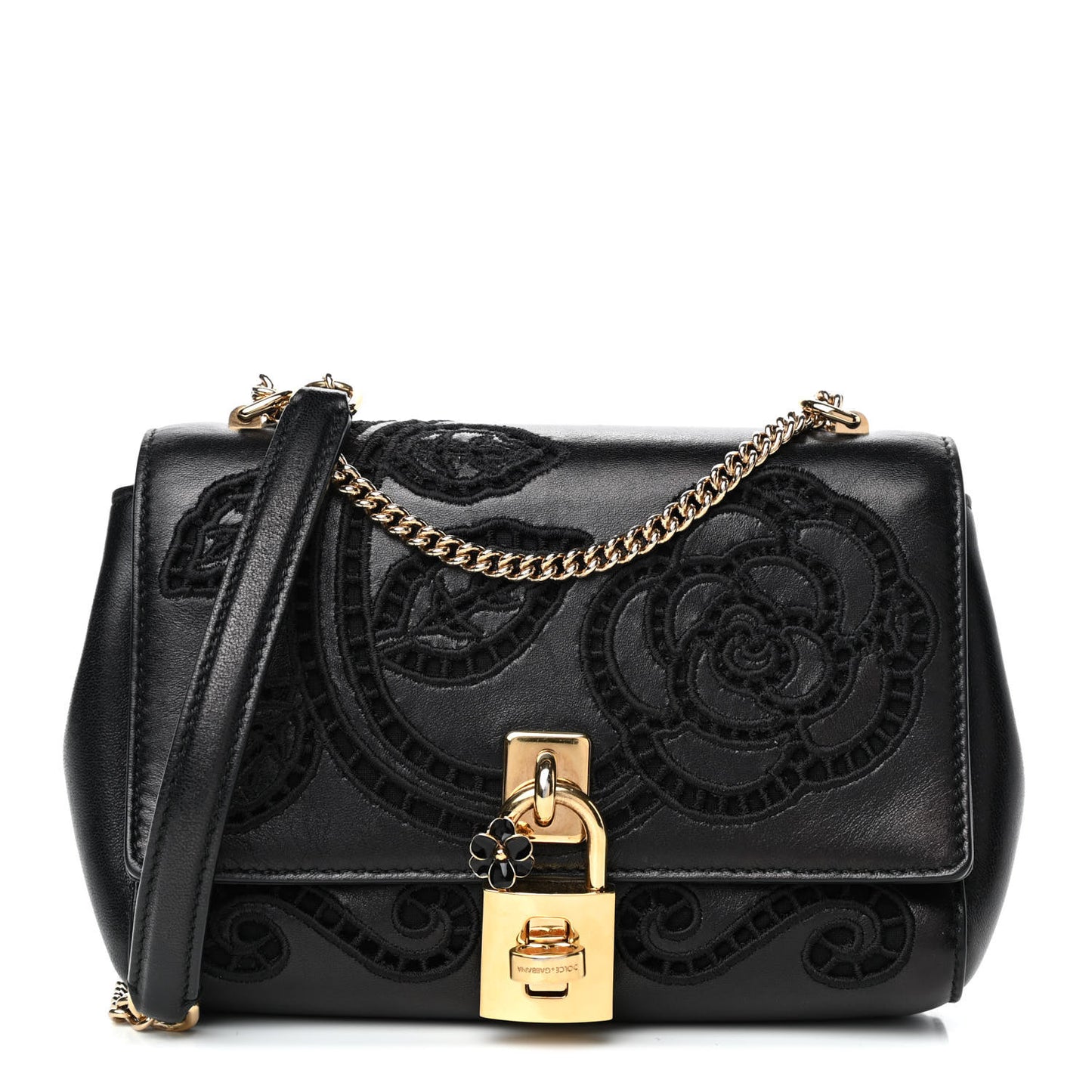 Calfskin Lace Embroidered Padlock Shoulder Bag Black